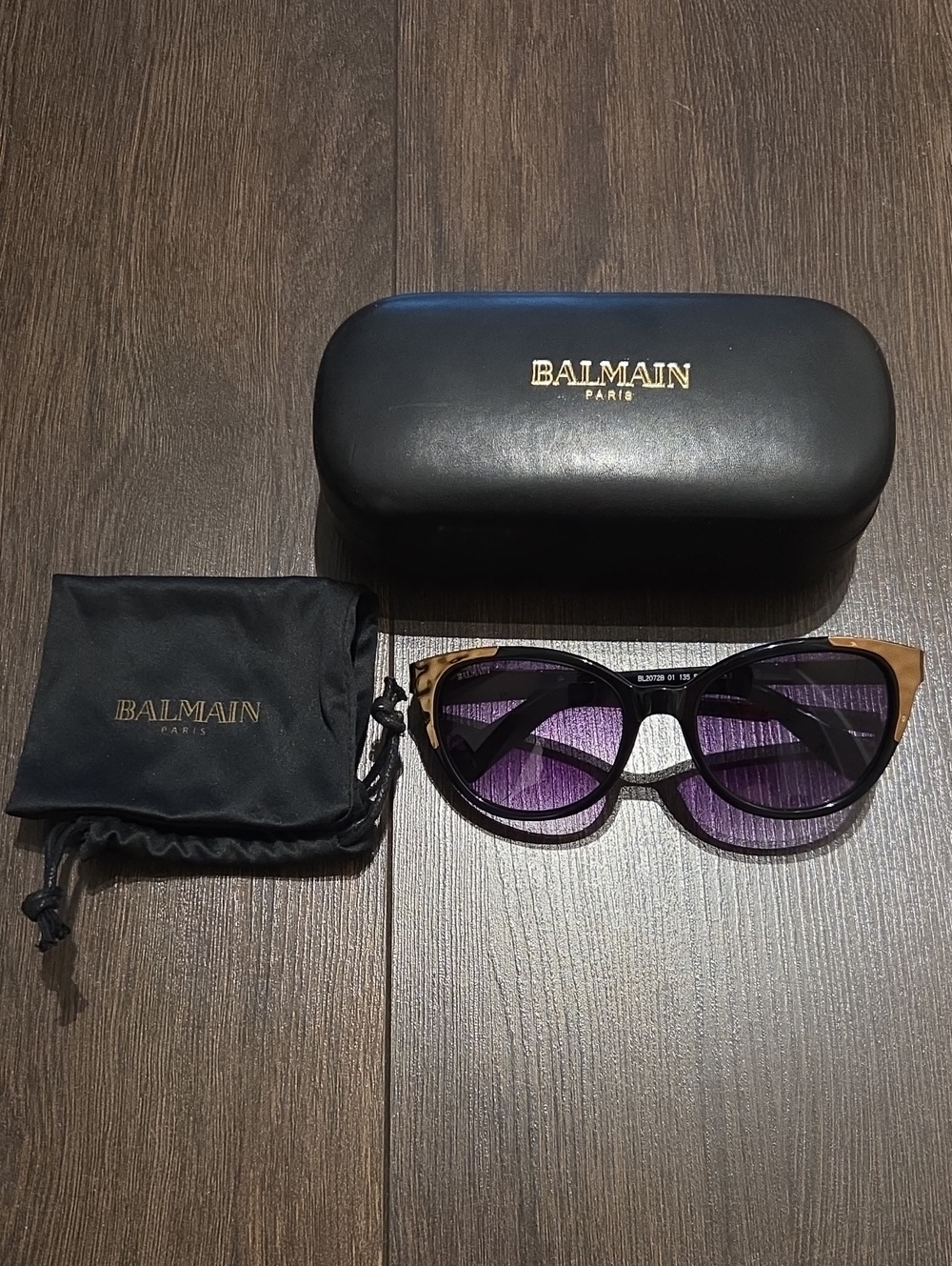 Balmain Cat-Eye Sunglasses Black Brown with Purple Lenses BL2072B Gold Accents